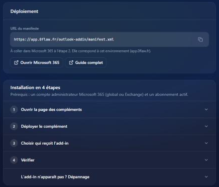 Page Add-in Outlook, carte Déploiement