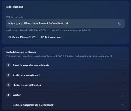Page Add-in Outlook, carte Déploiement