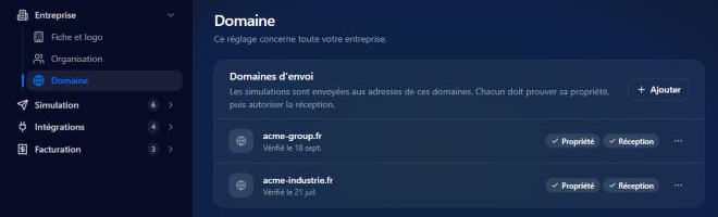 Page Domaines d'envoi