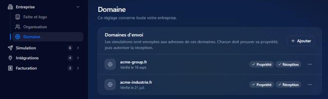 Page Domaines d'envoi