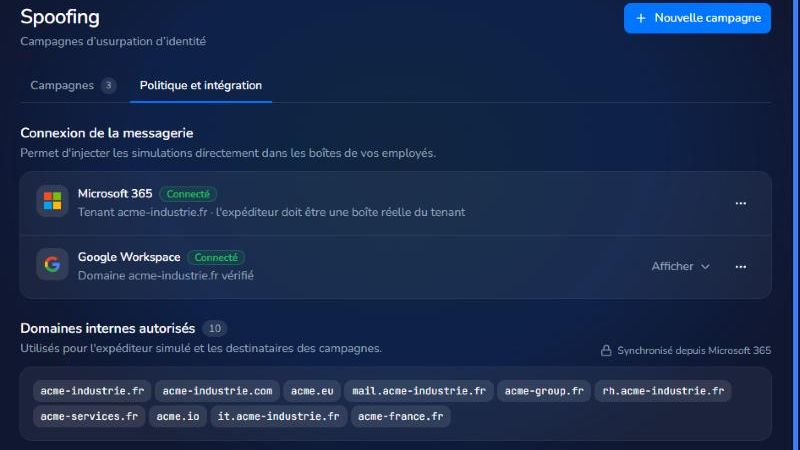 Onglet Politique et intégration du Spoofing