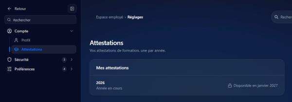 Section Attestations des réglages