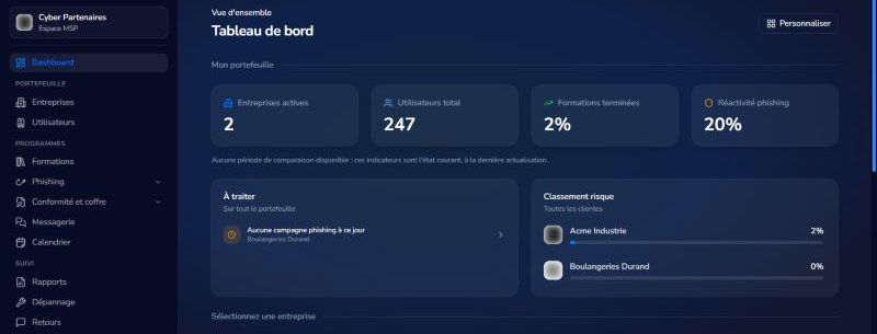 Tableau de bord de l'espace partenaire