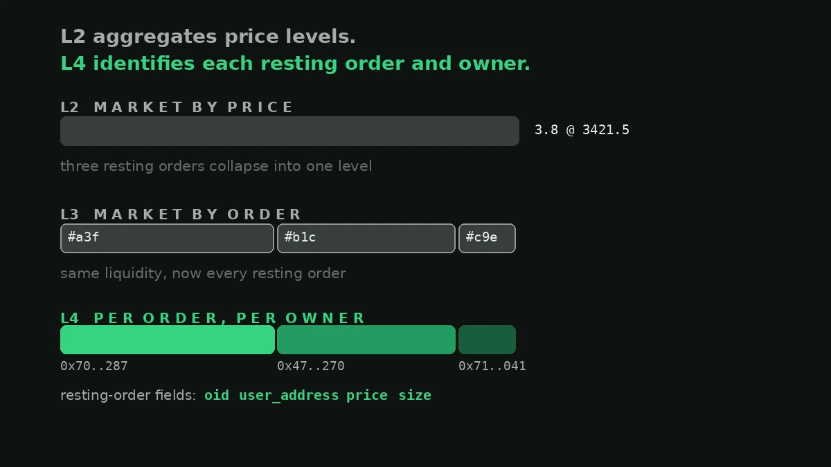 Order-book depth ladder: L2 aggregates resting orders into price levels. L3 separates the same liquidity into individual resting orders. L4 adds order and owner identifiers to each resting order; order history and order flow are separate route families.