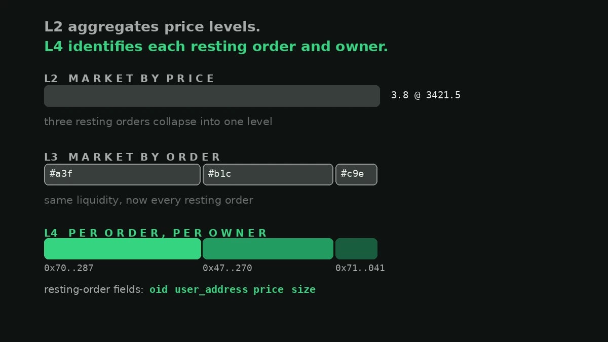 Order-book depth ladder: L2 aggregates resting orders into price levels. L3 separates the same liquidity into individual resting orders. L4 adds order and owner identifiers to each resting order; order history and order flow are separate route families.