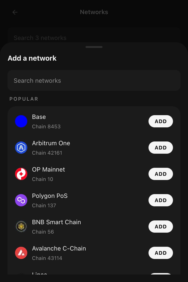 Add a network sheet with search and popular chains