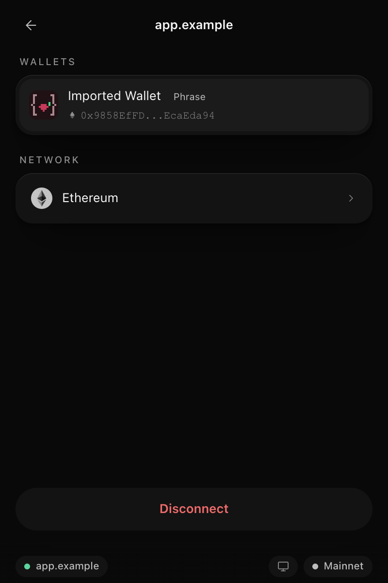 A connected site page with its wallet, network and Disconnect