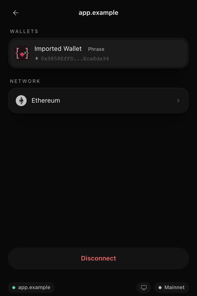 A connected site page with its wallet, network and Disconnect