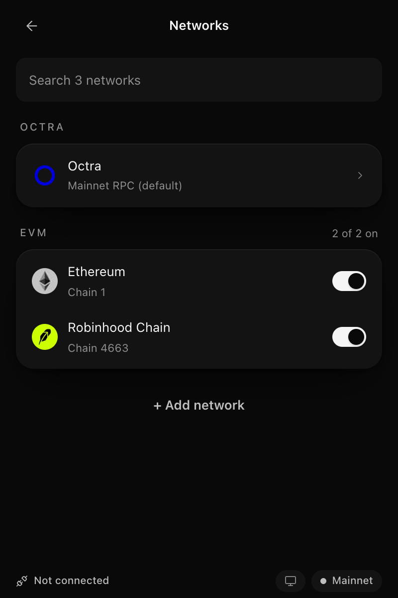 Settings Networks list with Octra and the EVM networks, each with a switch