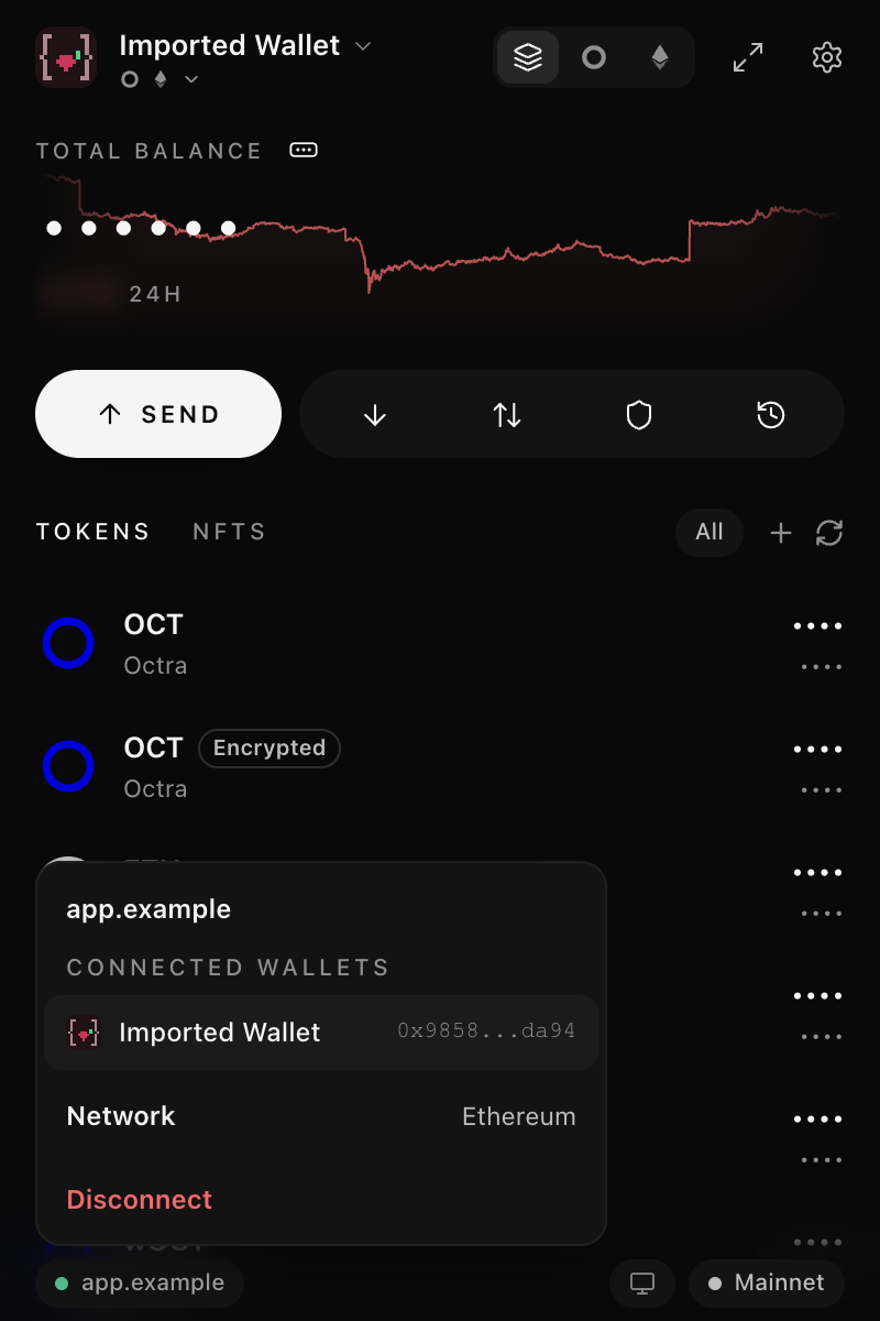 Site chip menu with the connected wallets, the network and Disconnect
