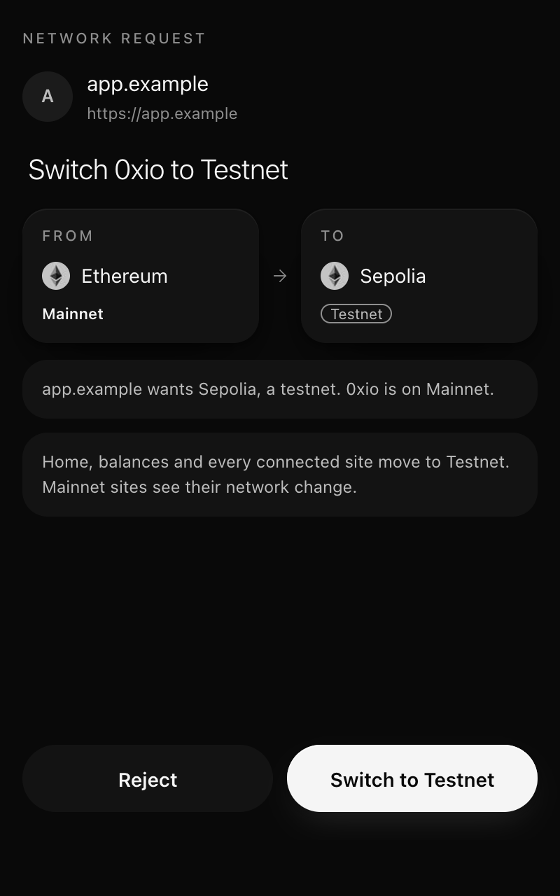 Network request asking to switch 0xio from Mainnet to Testnet, with Reject and Switch to Testnet