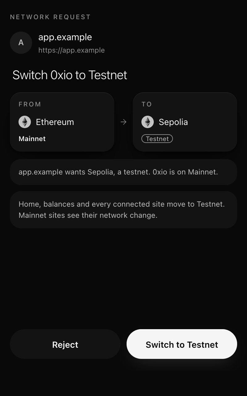 Network request asking to switch 0xio from Mainnet to Testnet, with Reject and Switch to Testnet