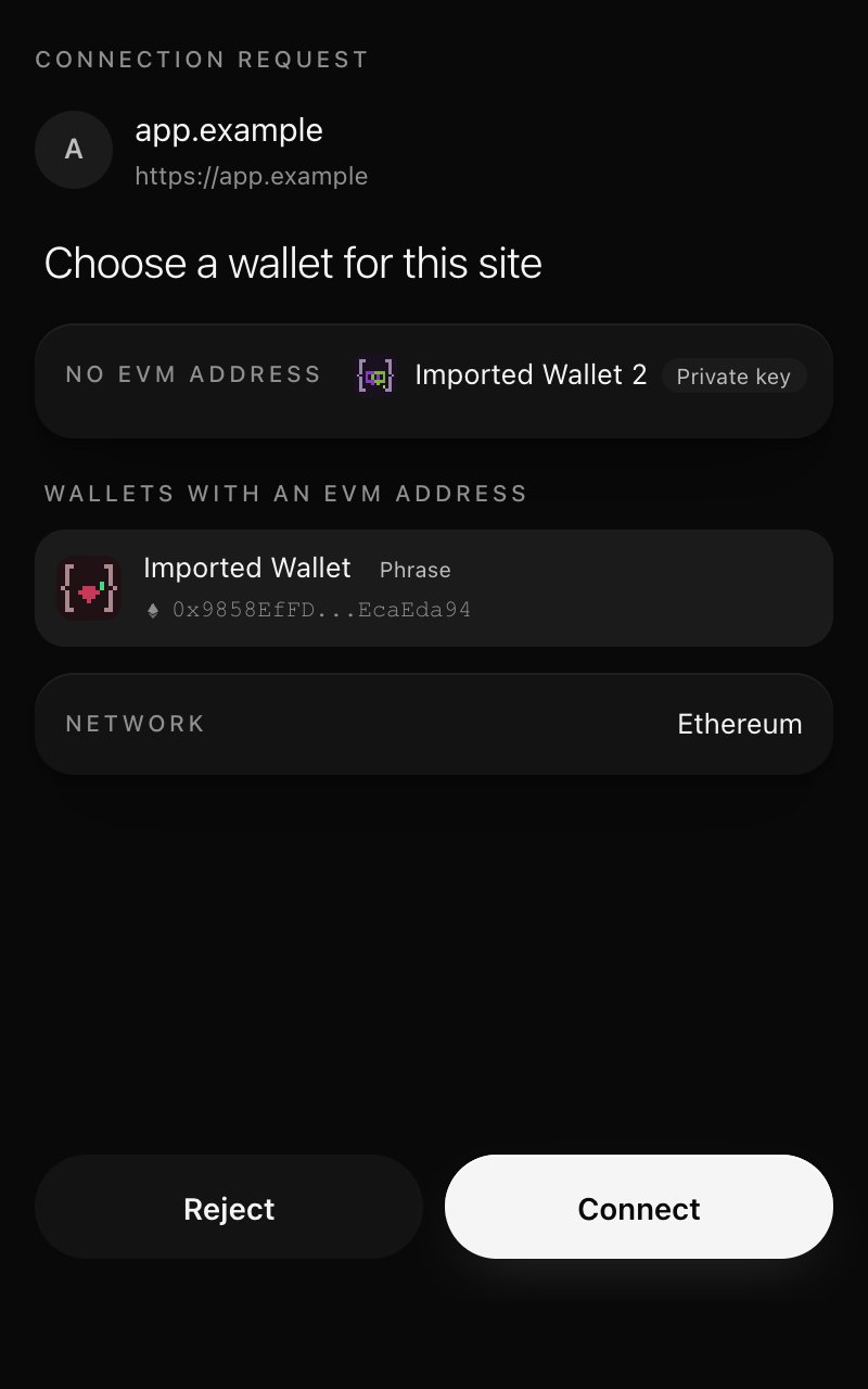 Connection request listing wallets with an EVM address while a private key wallet is open
