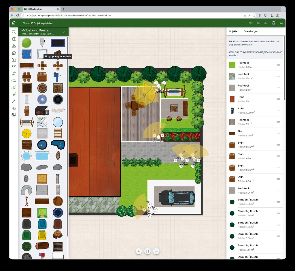 Visueller Gartenplaner-Editor mit Objektbibliothek, Planungsfläche und Objektliste
