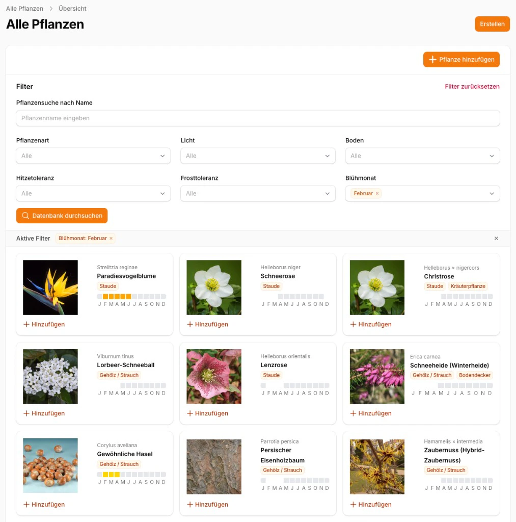 Pflanzenlexikon mit Filteroptionen und Pflanzenkarten mit Blühzeiten