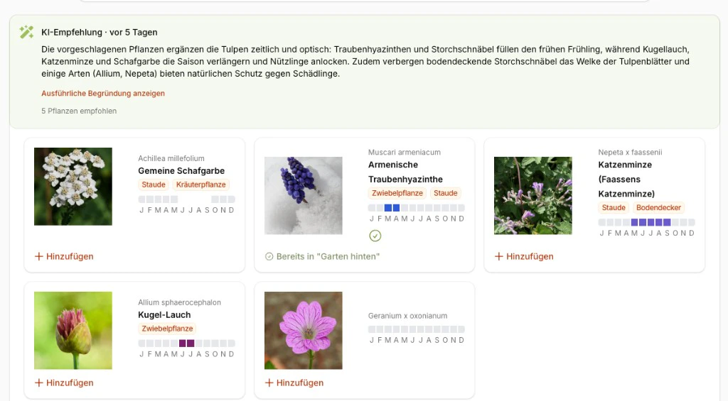 KI-Empfehlungen mit Pflanzvorschlägen und Begründung