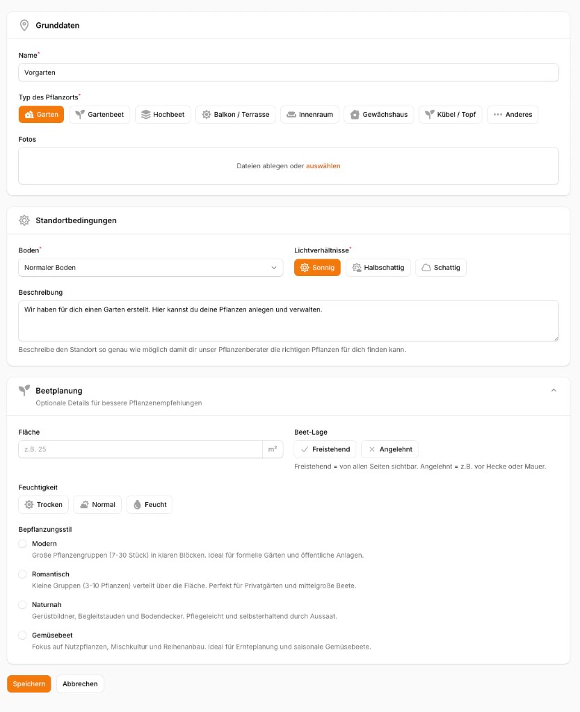 Formular zum Anlegen eines neuen Pflanzorts mit Grunddaten, Standortbedingungen und Beetplanung