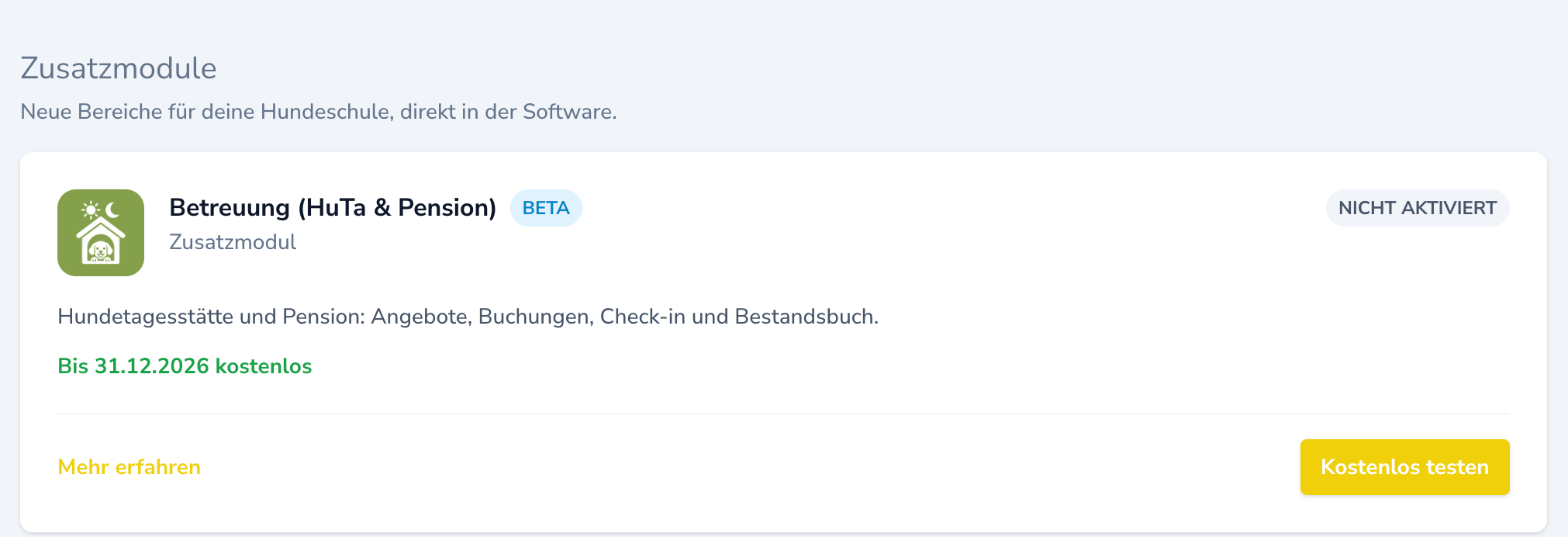 Karte „Betreuung (HuTa & Pension)“ mit Beta-Kennzeichnung, Status Nicht aktiviert, dem Hinweis Bis 31.12.2026 kostenlos und dem Button Kostenlos testen.