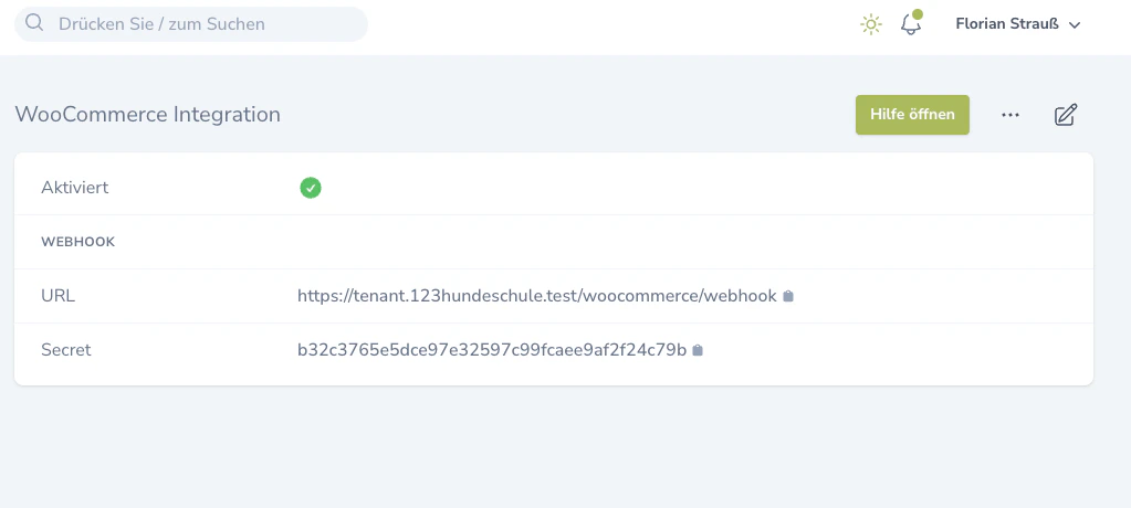 WooCommerce Integration in 123Hundeschule mit Webhook-URL und Secret