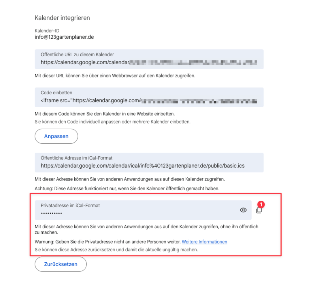 Private iCal Adresse kopieren
