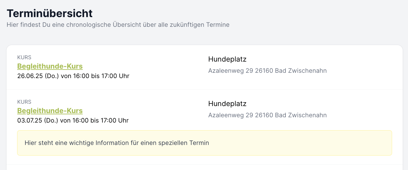 Notizen für Kurstermine