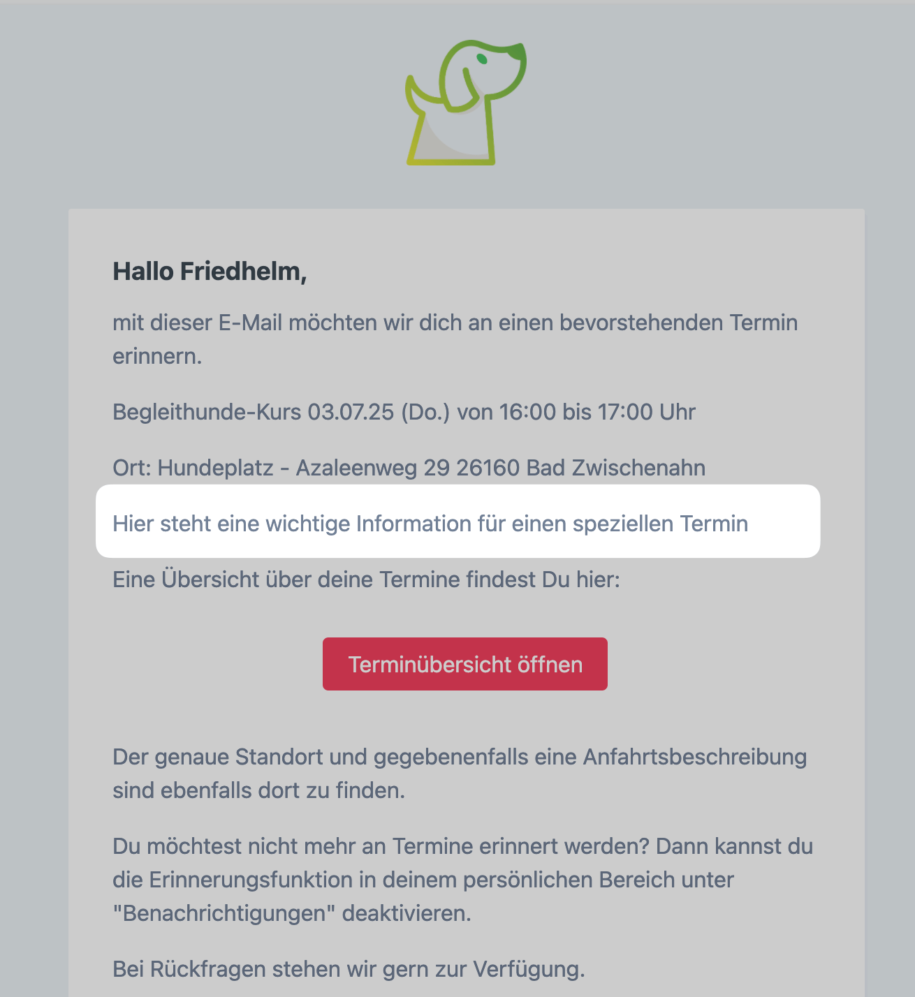 Letzte Notiz in Termin-Erinnerung