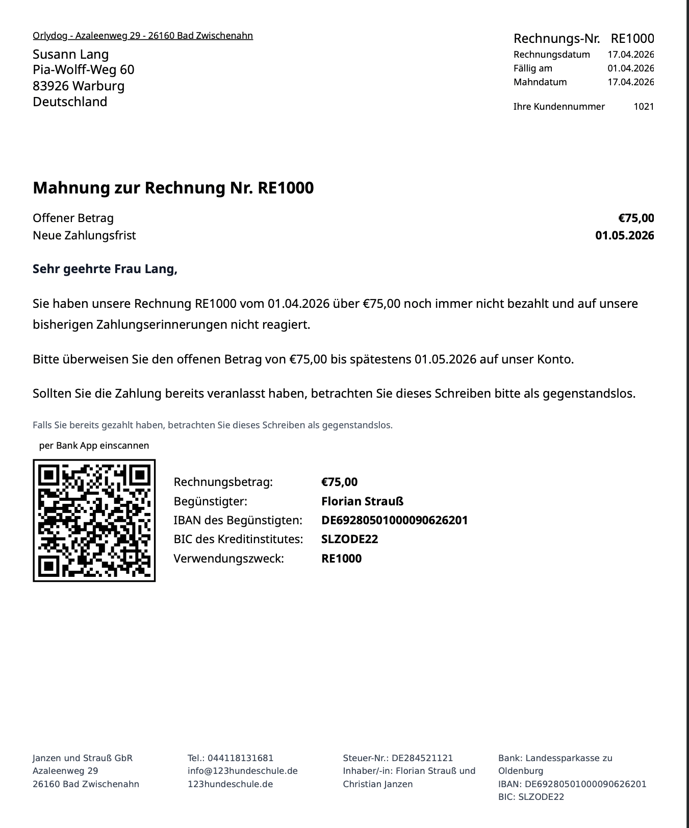 Beispiel einer Mahnung als PDF