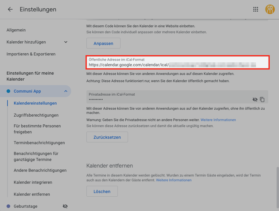 iCal Link kopieren