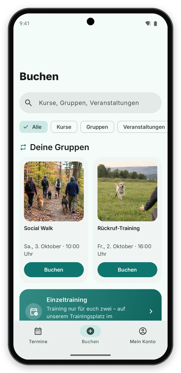 Android: Buchen mit Filtern, deinen Gruppen und Einzeltraining