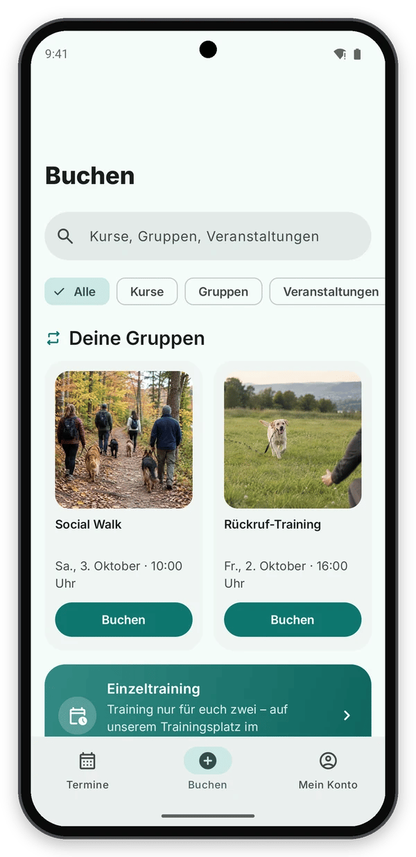 Android: Buchen mit Filtern, deinen Gruppen und Einzeltraining