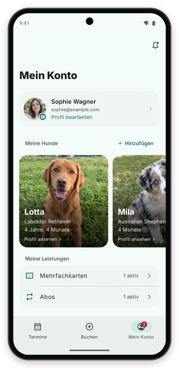 Android: Mein Konto mit Glocke, Profil, Hunden, Mehrfachkarten und Abos