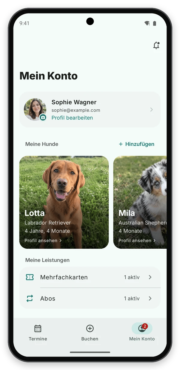 Android: Mein Konto mit Glocke, Profil, Hunden, Mehrfachkarten und Abos