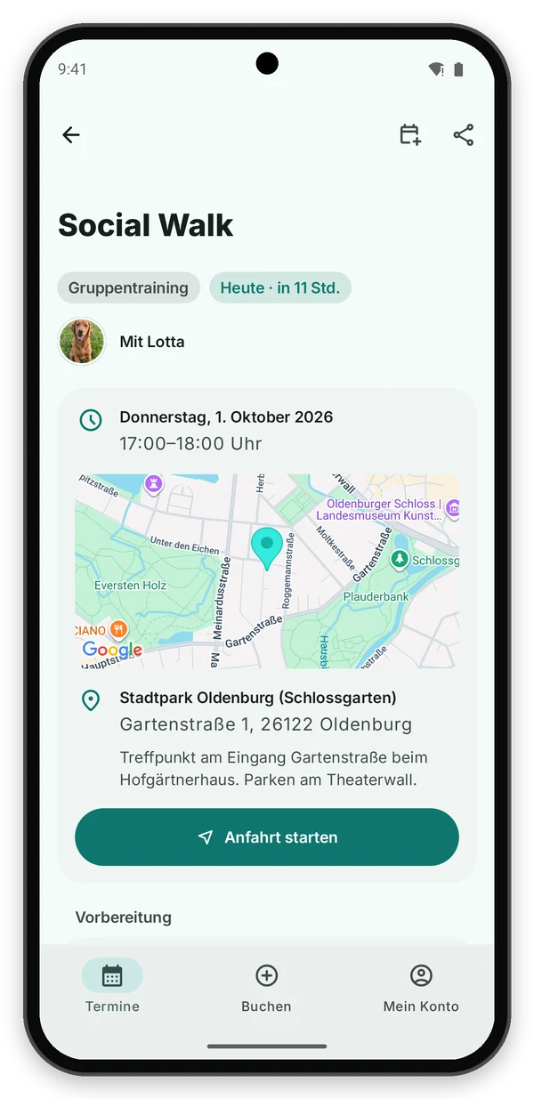 Android: Termin-Detail Social Walk mit Google-Maps-Karte und Anfahrt starten
