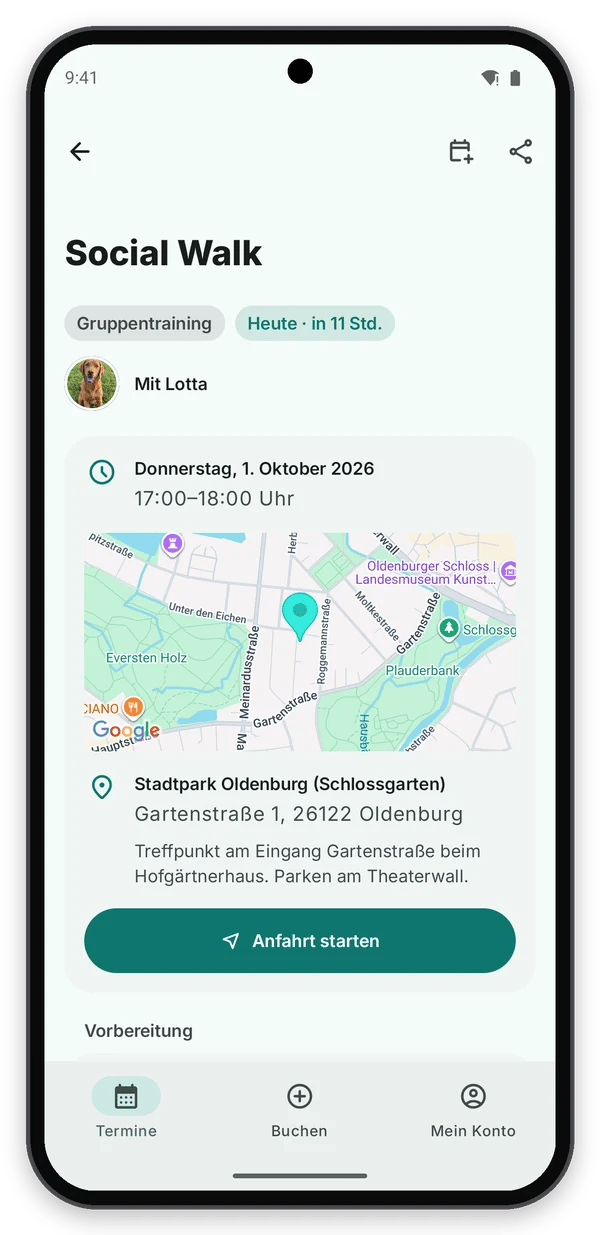 Android: Termin-Detail Social Walk mit Google-Maps-Karte und Anfahrt starten