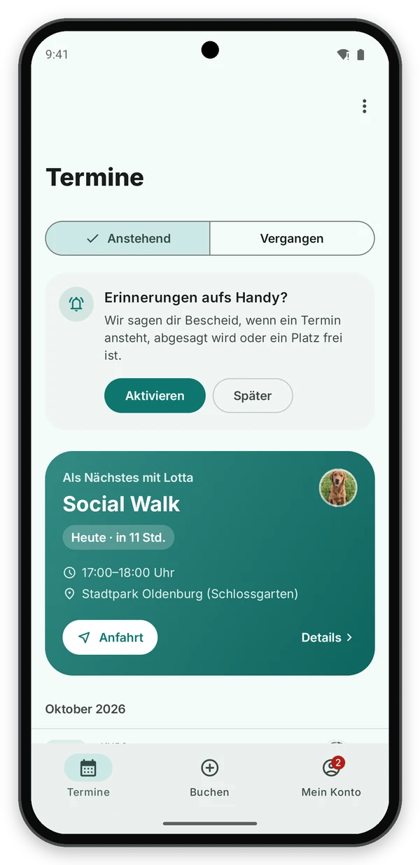 Android: Terminübersicht mit Hinweis-Karte Erinnerungen aufs Handy und dem nächsten Termin