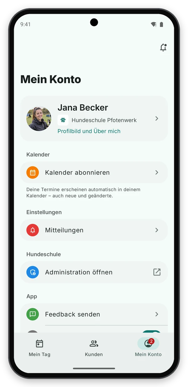Android: Mein Konto einer Trainerin mit Kalender, Mitteilungen, Administration und App