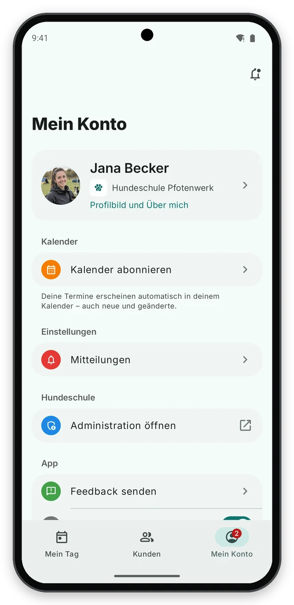 Android: Mein Konto einer Trainerin mit Kalender, Mitteilungen, Administration und App