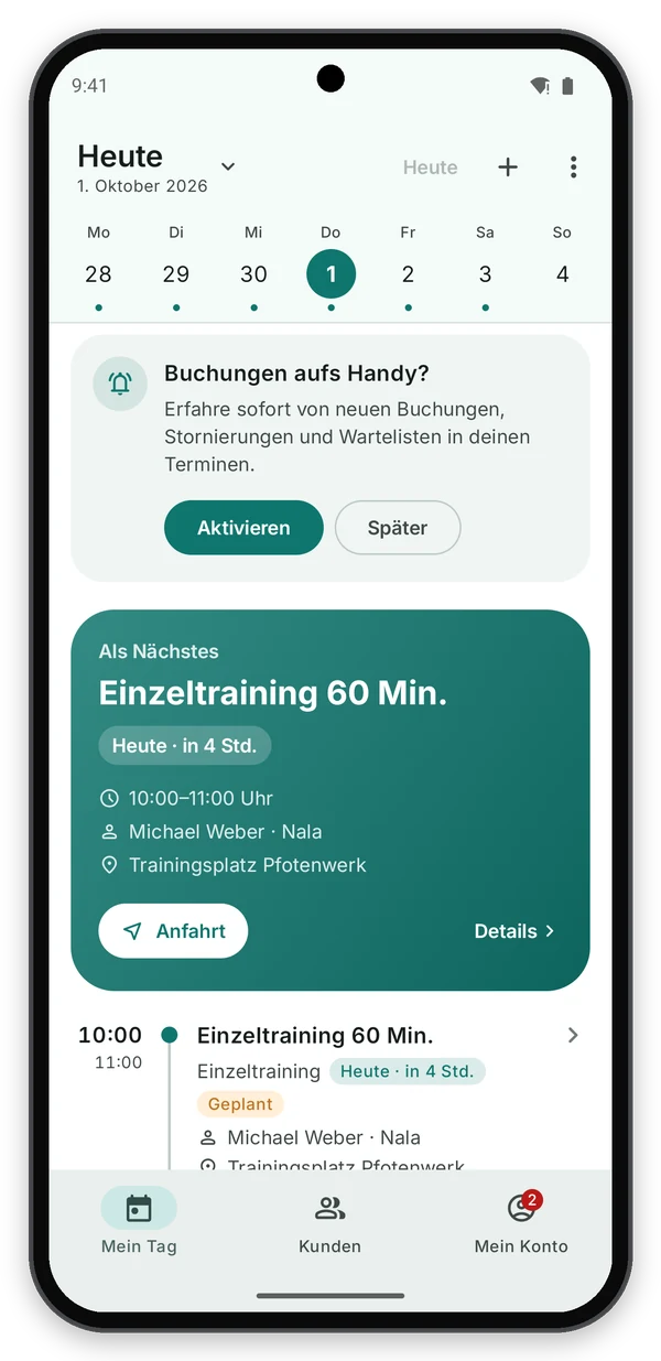 Android: Mein Tag mit Wochenleiste, nächstem Termin und Zeitleiste