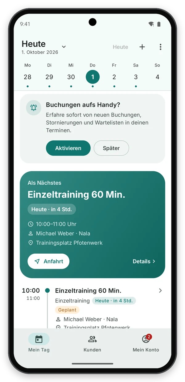 Android: Mein Tag mit Wochenleiste, nächstem Termin und Zeitleiste