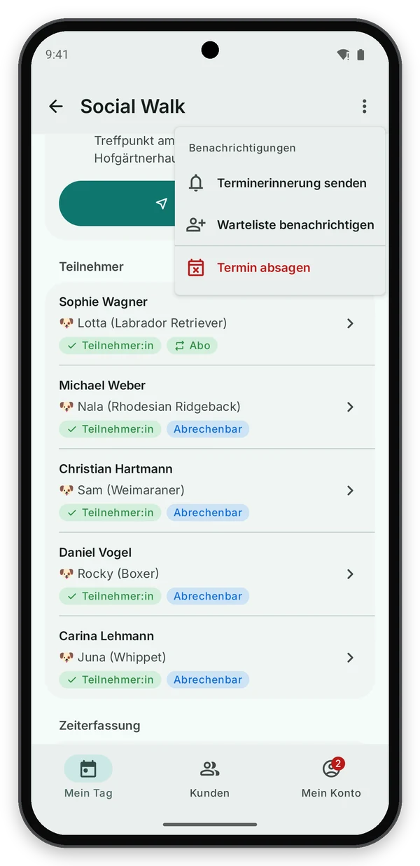 Android: Menü eines Termins mit Terminerinnerung senden, Warteliste benachrichtigen und Termin absagen