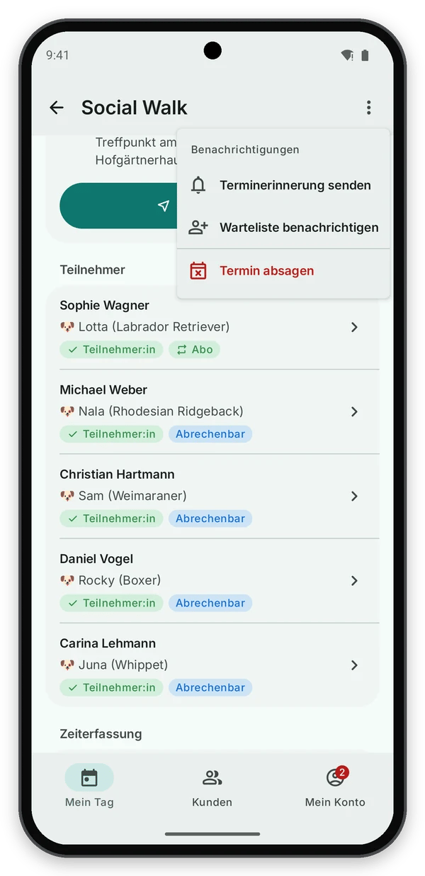 Android: Menü eines Termins mit Terminerinnerung senden, Warteliste benachrichtigen und Termin absagen