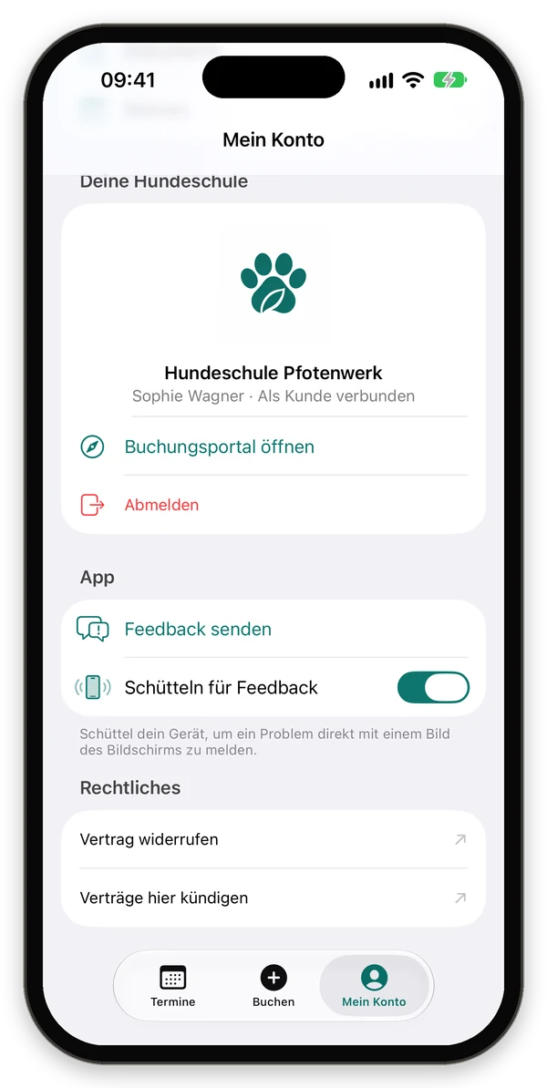 Mein Konto mit dem Bereich Deine Hundeschule, Buchungsportal öffnen, Abmelden, Feedback und Rechtliches