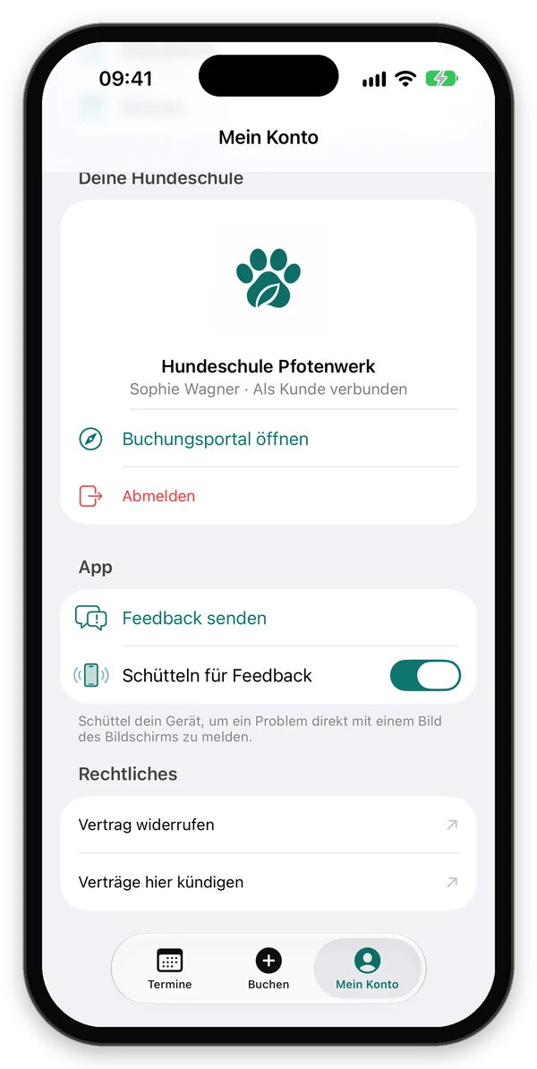 Mein Konto mit dem Bereich Deine Hundeschule, Buchungsportal öffnen, Abmelden, Feedback und Rechtliches