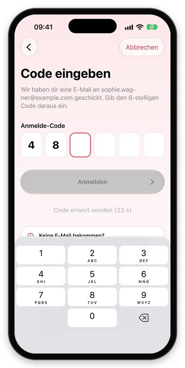 Bildschirm Code eingeben mit sechs Feldern für den Anmelde-Code