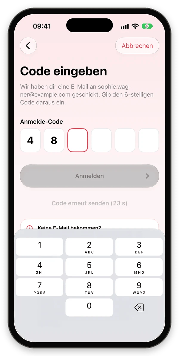 Bildschirm Code eingeben mit sechs Feldern für den Anmelde-Code