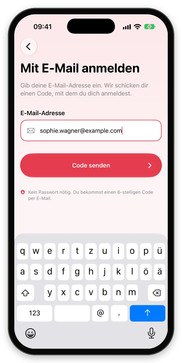 Bildschirm Mit E-Mail anmelden mit eingegebener E-Mail-Adresse und Schaltfläche Code senden