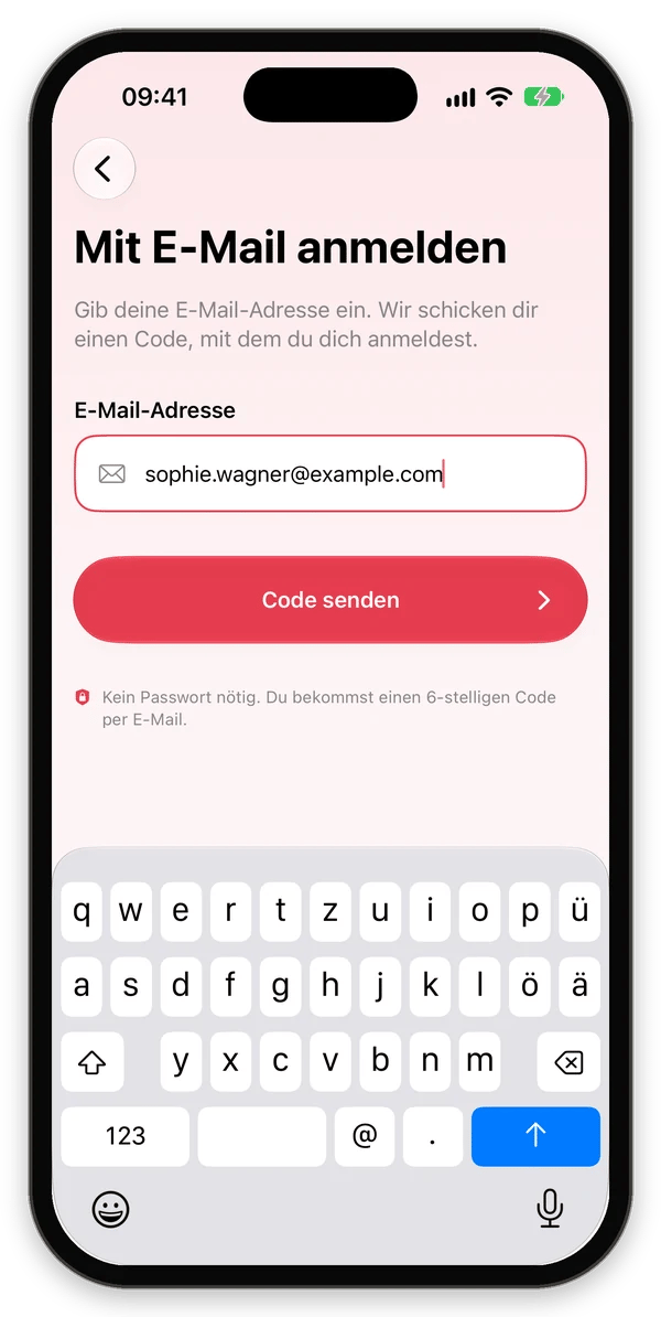 Bildschirm Mit E-Mail anmelden mit eingegebener E-Mail-Adresse und Schaltfläche Code senden