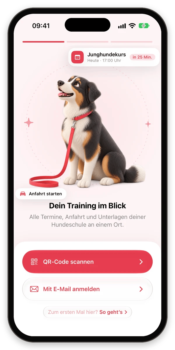 Willkommensbildschirm der 123Hundeschule App mit den Schaltflächen QR-Code scannen und Mit E-Mail anmelden
