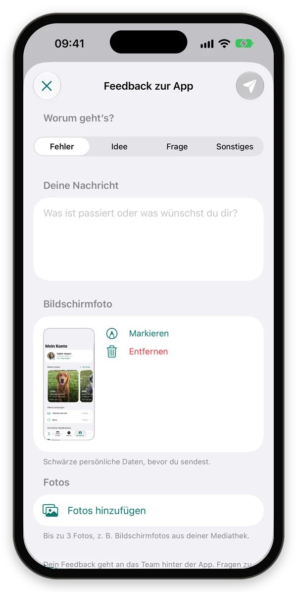 Feedback-Formular mit angehängtem Bildschirmfoto und den Aktionen Markieren und Entfernen