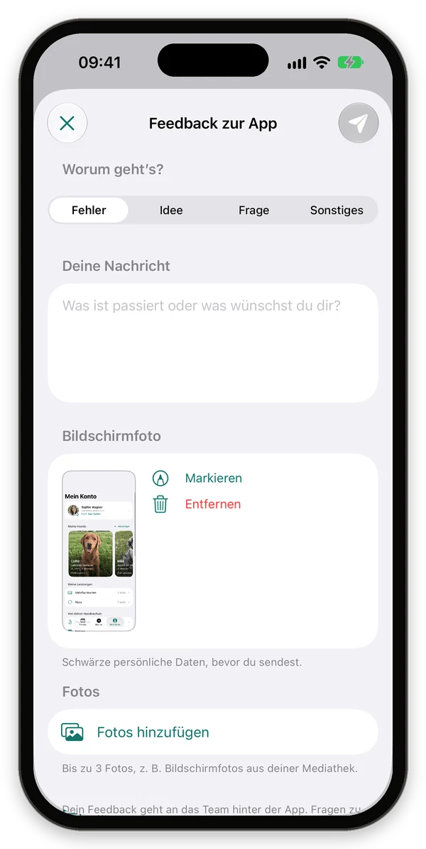 Feedback-Formular mit angehängtem Bildschirmfoto und den Aktionen Markieren und Entfernen
